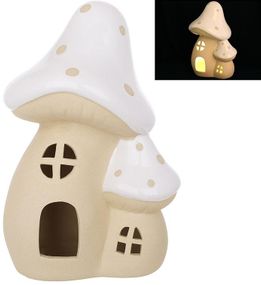 Керамічний будиночок з LED-підсвіткою "Гриб" 20см, бежевий з білим