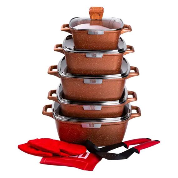 Набір з 5 алюмінієвих квадратних каструль з товстим дном MGC + лопатка, ополоник, рукавички та фартух HP-4-468 | Зображення 2