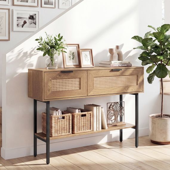 Стол-консоль Costway Stockholm Rattan с полкой в прихожую лофт натуральный | Зображення 1
