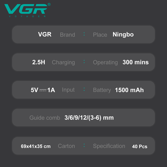 Набір для стрижки VGR 5 в 1 V-111, 9 насадок, LED дисплей | Зображення 1