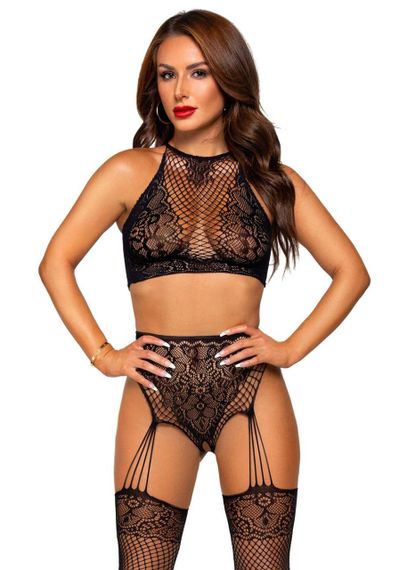 Эротический комплект Leg Avenue Crop top and garter panty Black, топ, трусики с доступом, чулки sexstyle