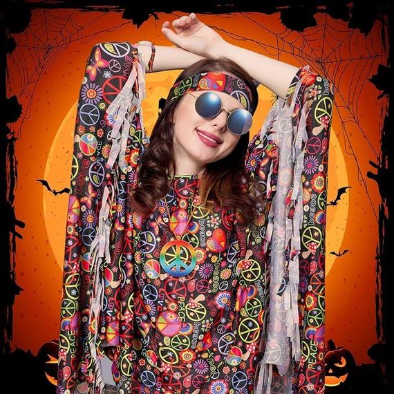 Хіпі костюм жіночій ретро у стилі 60х 70х для Хелловіну, вечірки, корпоративу, карнавальний комплект хіппі пончо | Зображення 4