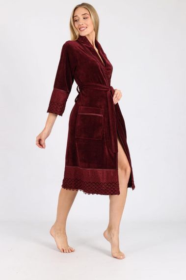 Жіночий халат Nusa 0535 велюровий з мереживом бордовий 2XL | Зображення 5