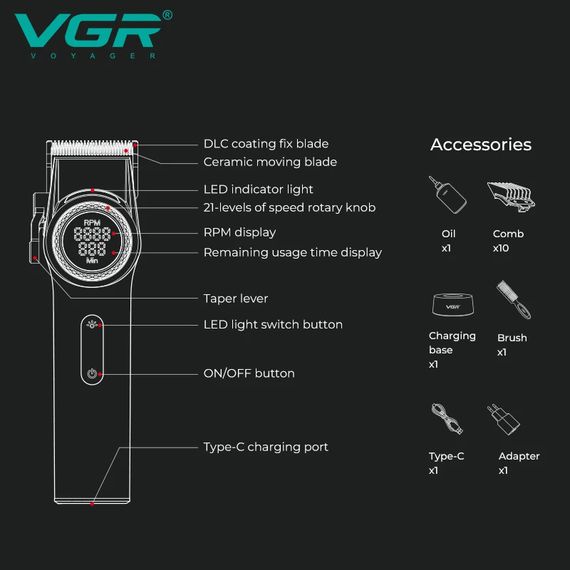 Акумуляторна машинка для стрижки 9000 RPM XPRO Clipper VGR V-001 RED (45686-V-001 RED,_1846) | Зображення 5