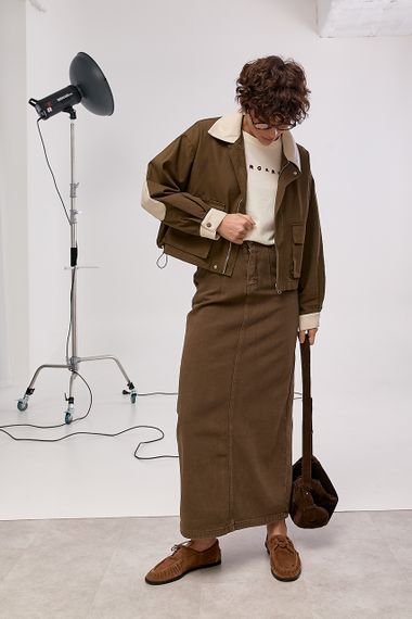 Котонова вітровка зі вставками з еко-шкіри - коричневий цвет, ONE SIZE (є розміри) | Зображення 2