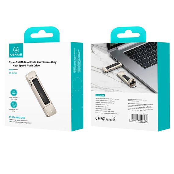 Флеш-накопичувач Usams US-ZB279 2in1 USB 3.2 + Type-C GEN1 Dual Ports Aluminum Alloy 10G – 256GB Silver | Зображення 5