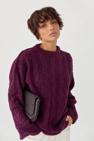 Вільна в'язана кофта в косички - баклажан цвет, ONE SIZE (є розміри)