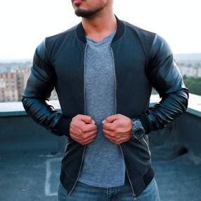 Бомбер Кож рукав антрацит S XL