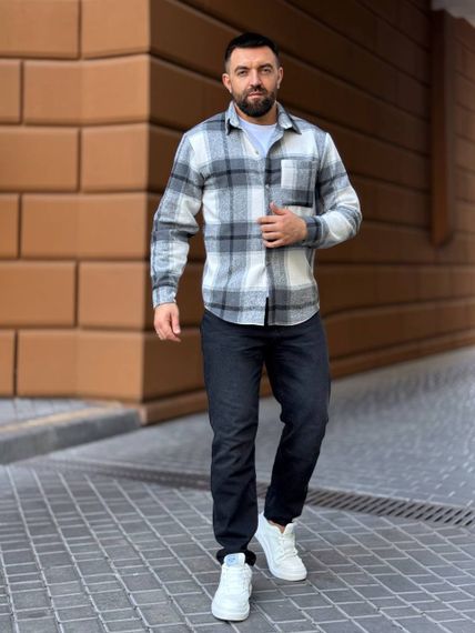 Теплая мужская байковая рубашка в клетку на пуговицах размер L цвет серый Vi1048/1 | Зображення 5