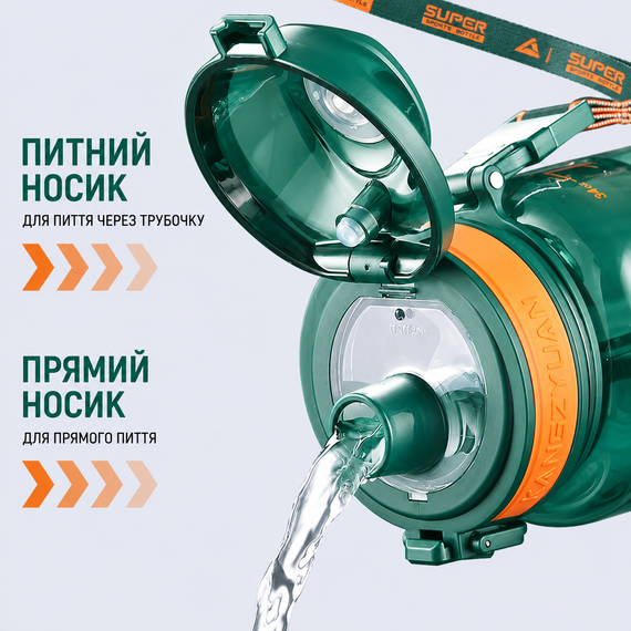 Спортивная бутылка KANGZYUAN 500 мл - Зеленая Tritan BPA-free, ударопрочная эко-бутылка с трубочкой и ремешком | Зображення 2
