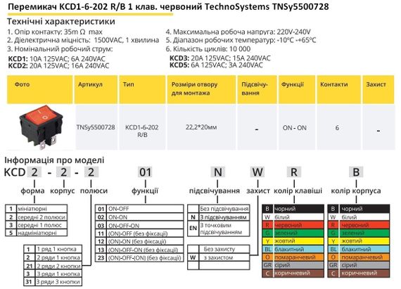 Перемикач KCD1-6-202 R/B 1 клавіша червоний Ny95500728 | Зображення 1
