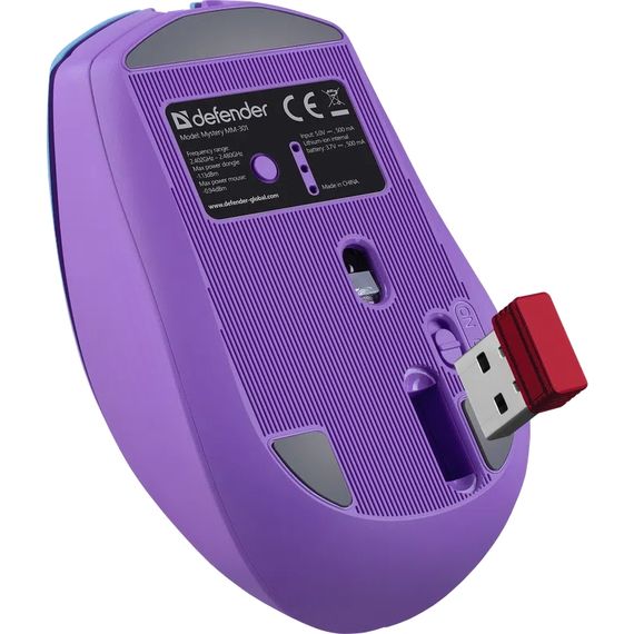 Мишка Defender Mystery MM-301, бездротова Bluetooth+2.4G, 1600 dpi., 4кн., 500mAh,  LED, фіолетова | Зображення 4