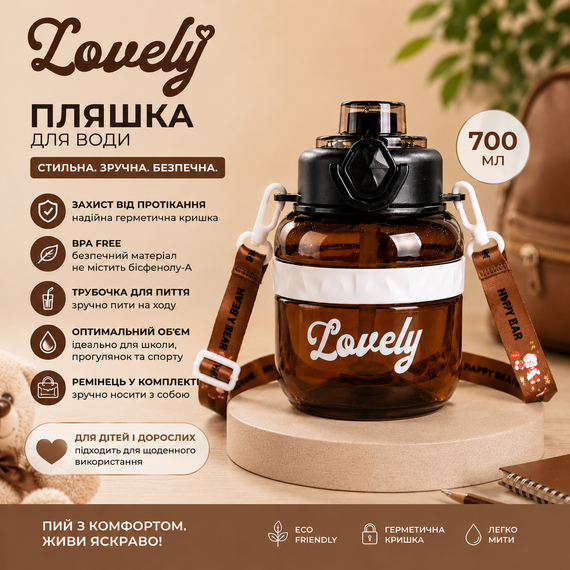 Бутылка для воды Lovely 700 мл с трубочкой и защитой от протечек, Коричневая (BPA Free) | Зображення 2