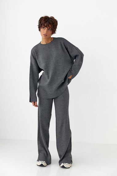 В'язаний костюм з вільною кофтою та широкими штанами - сірий цвет, ONE SIZE (є розміри) | Зображення 4