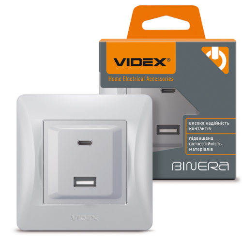 BINERA срібний шовк Розетка внутрішня USB+Type-C зарядний пристрій VF-BNCHRUC20-SS Videx