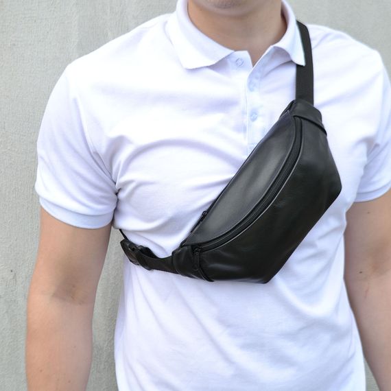 Функціональна бананка, Чорна шкіряна сумка бананка Зручна чорна чоловіча барсетка AM-19 | Зображення 8