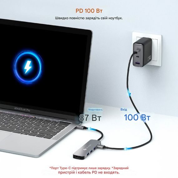 NOVOO R5 PD Lite USB-C Hub Адаптер HDMI 4K USB-C MacBook Pro/Air M1 4K HDMI PD 100Вт 3 порта USB 3.0 концентратор | Зображення 5