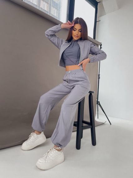 Женский модный прогулочный костюм брюки-джоггеры и короткий жакет LI8893 цвет серый, размер 42/44 | Зображення 5
