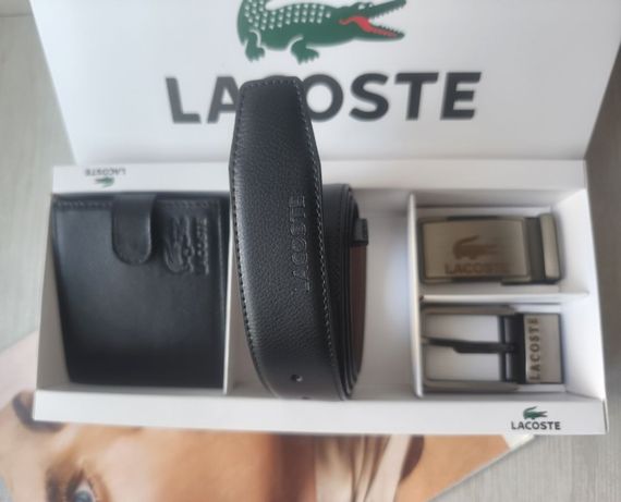 Чоловічий шкіряний подарунковий набір Lacoste двосторонній ремінь black/brown з двома пряжками і гаманець | Зображення 1
