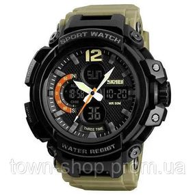 Часы наручные мужские SKMEI 1343KH KHAKI, водостойкие тактические часы. Цвет: хаки