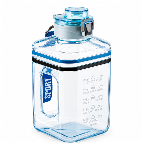 Бутылка для воды 2200 мл - Голубая BPA-free, с маркерами времени и усиленной ручкой