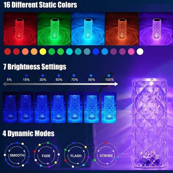 Настольная аккумуляторная лампа с пультом 22см ночник Роза с пультом RGB Crystal Rose. | Зображення 1