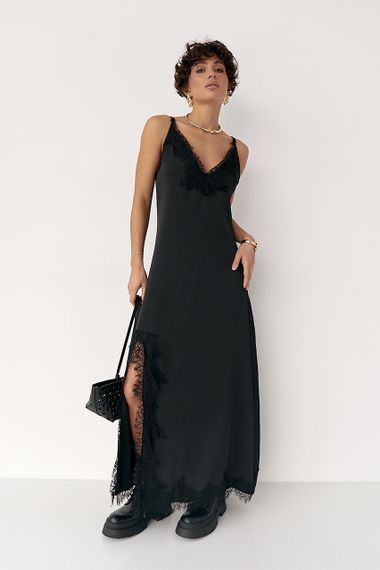 Атласна сукня на бретелях із мереживом - чорний цвет, ONE SIZE (є розміри) | Зображення 3