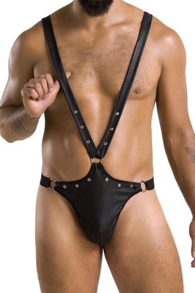 Чоловіче боді з люверсами Passion 028 HARRY XXL/XXXL Black, екошкіра, на шлейках Sex Aura