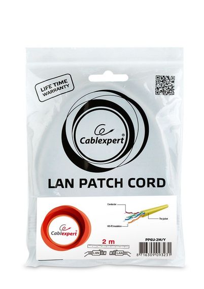 Патч корд Cablexpert PP6U-2M/Y, UTP, категорія. 6, литий,  50u" штекер із фіксатором, 2 м, жовтий | Зображення 3
