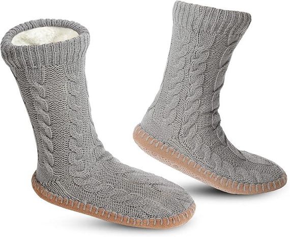 Носки тапочки теплые толстые с антискользящей подошвой, высокие вязаные для дома, домашняя зимняя обувь, серые