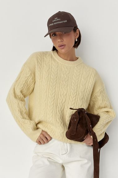 В'язаний светр у косички - кремовий цвет, ONE SIZE (є розміри)