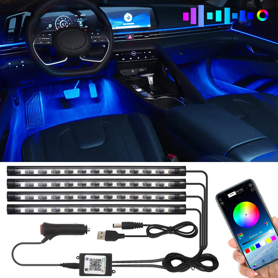 Автомобильная светодиодная ЛЕД подсветка RGB в салон автомобиля, Bluetooth управление