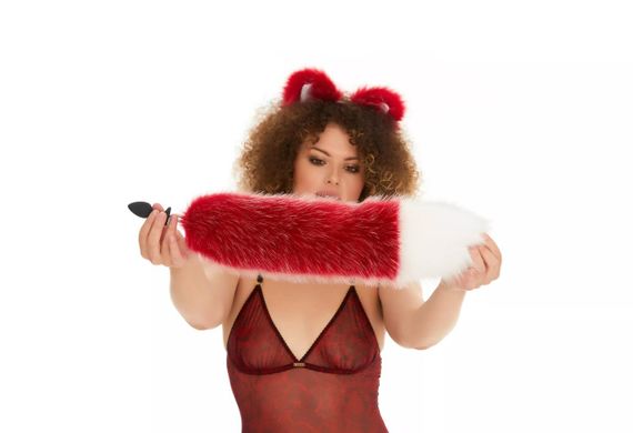 Анальний хутряний хвіст без пробки, Темно-червоний з білим кінчиком, OKOVA, 50 см. sexstyle | Зображення 3