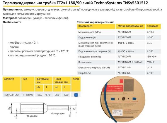 Термоусадочна трубка ТТ2х1 180/90 синя в рулонах 25м Ny95501512 | Зображення 1
