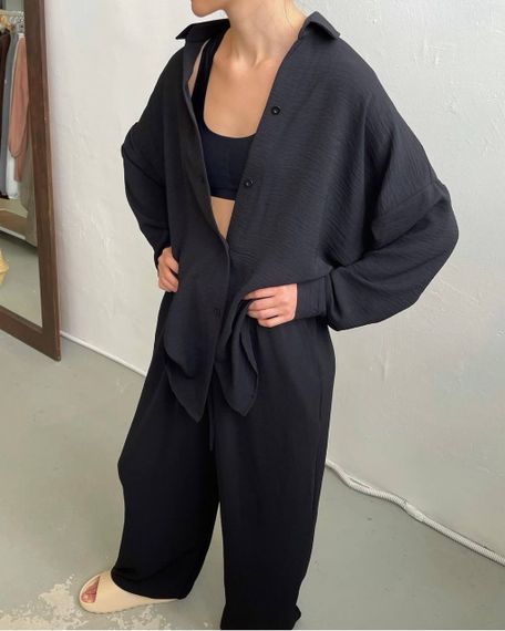 Женский легкий костюм тройка брюки, топ, рубашка BF1048 цвет черный, размер 42/44 | Зображення 1