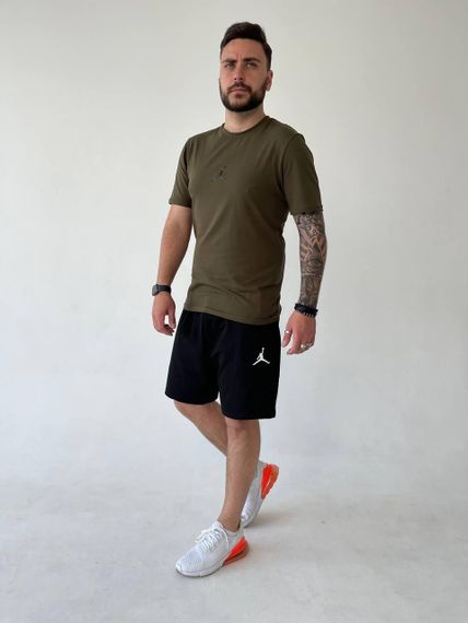 Мужской легкий летний костюм двойка с шортами, размер 48, цвет черный с хаки