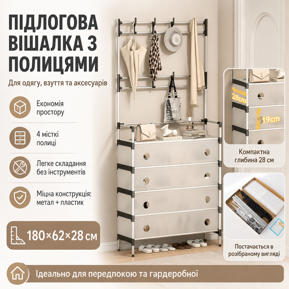 Підлогова вішалка з полицею для взуття, 180х62х28 см, Dx6205b, Біла/стійка для одягу/Вішалка для одягу