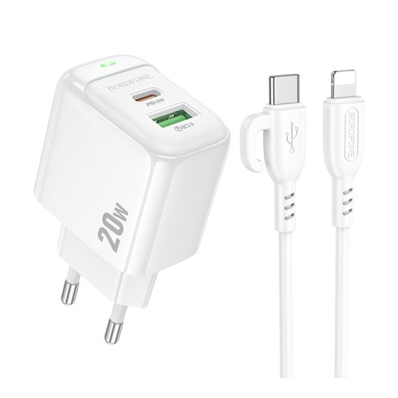 Мережевий зарядний пристрій Borofone BAS44A 1USB-C/1USB PD/QC 20W+Type-C to Lightning