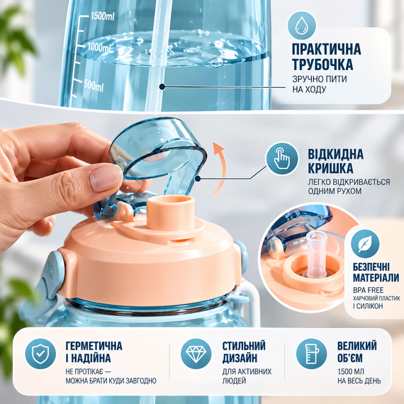 Спортивная бутылка для воды START TRAINING 1500 мл — голубая, с ручкой, трубочкой и ремешком | Зображення 3