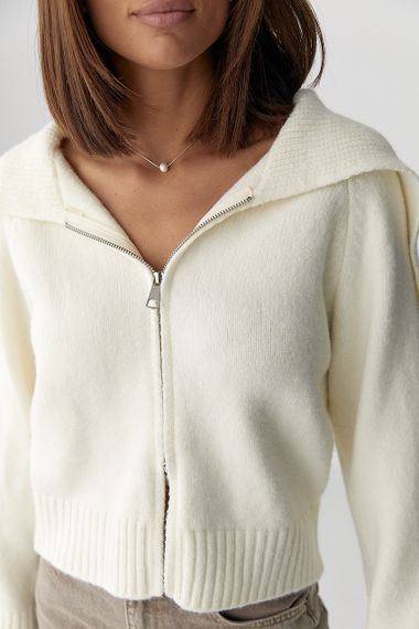 В'язаний укорочений жіночий кардиган на блискавці - молочний цвет, ONE SIZE (є розміри) | Зображення 3