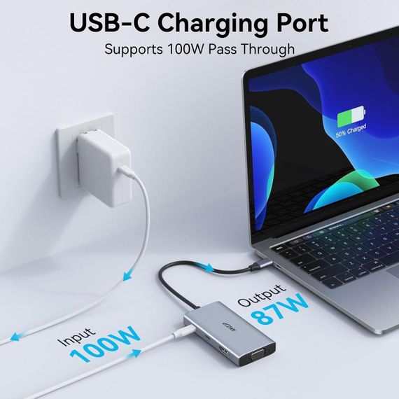 Хаб 8-в-1, многопортовый концентратор USB-C с HDMI 4K, VGA 1080p PD 100W 2xUSB-A кардридеры SD/TF док-станция | Зображення 3