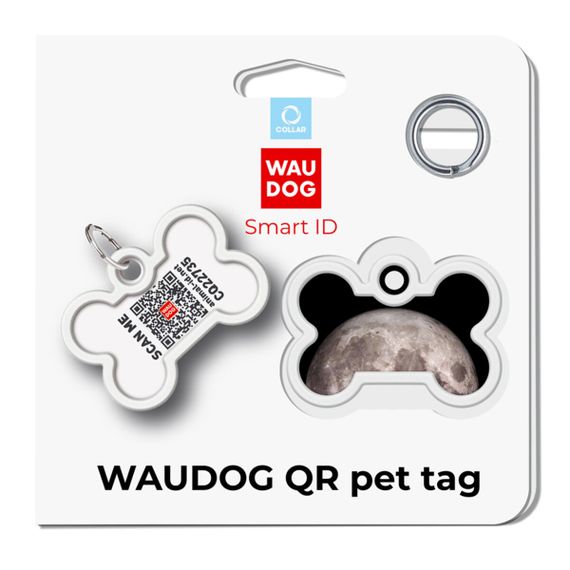 Адресник для собак і котів металевий WAUDOG Smart ID з QR паспортом, малюнок "Місяць", кістка, Д 40 мм, Ш 28 мм | Зображення 4