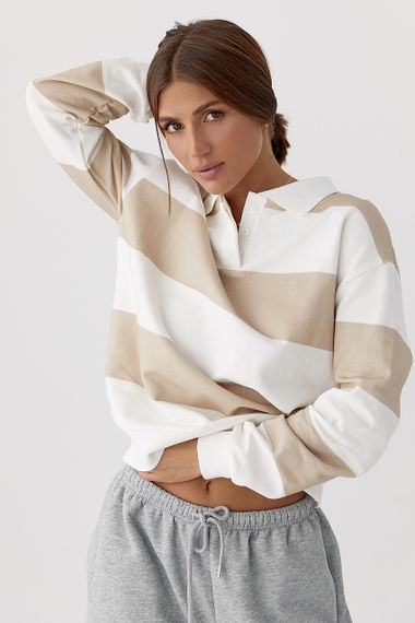 Кофта-поло у смужку - бежевий цвет, S (є розміри) | Зображення 4