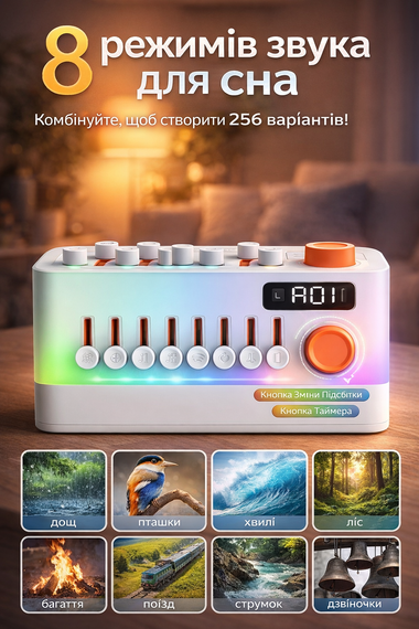 Портативний звуковий генератор 3в1 / Розумна колонка з RGB-підсвічуванням / Нічник з таймером, на акумуляторі, для сну, релаксації та медитації | Зображення 2
