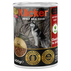 Влажный корм Klicker для взрослых собак кусочки говядины в желе конс 400г.