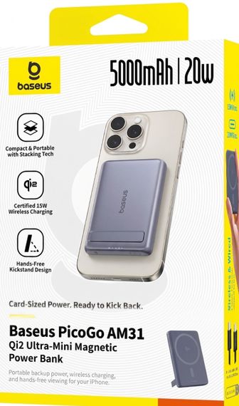 Бездротовий магнітний повербанк Baseus PicoGo AM31 Mini Magnetic Power Bank with Stand 5000mAh 20W Gray | Зображення 1