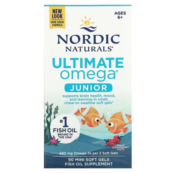 Риб&#039;ячий жир дітей від 6 до 12 років, Ultimate Omega, Nordic Naturals, полуниця, 340 мг, 90 гелевих міні капсул | Зображення 1