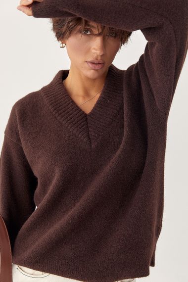 В'язаний однотонний пуловер вільного фасону - коричневий цвет, ONE SIZE (є розміри)