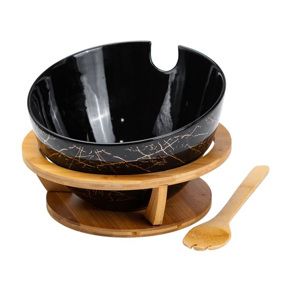 Салатница на бамбуковой подставке с ложкой Ø 25 см черная HP1245 | Зображення 1