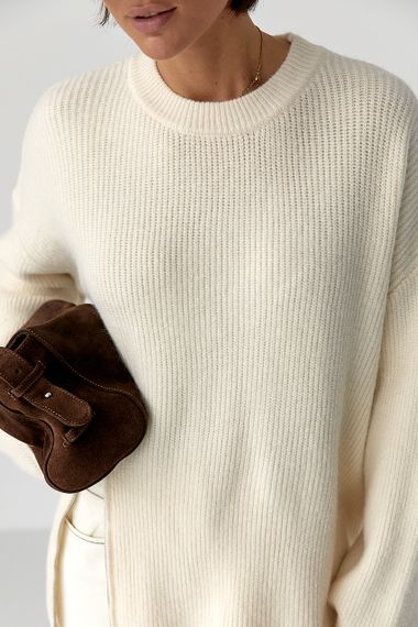 Жіночий вільний в'язаний джемпер - молочний цвет, ONE SIZE (є розміри) | Зображення 3